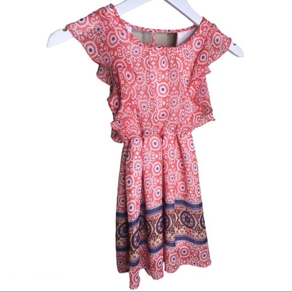 DEX Border Angel Sleeve Dress With Geo Print & Caged Open Back Coral Pink 6Y - Picture 4 of 7